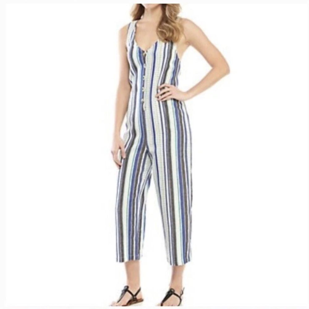 True Craft Boho Cotton Navy and White Striped Sleeveless V-Neck Jumpsuit